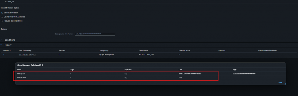 Opciones de borrado selectivo desde BW Modeling Tools